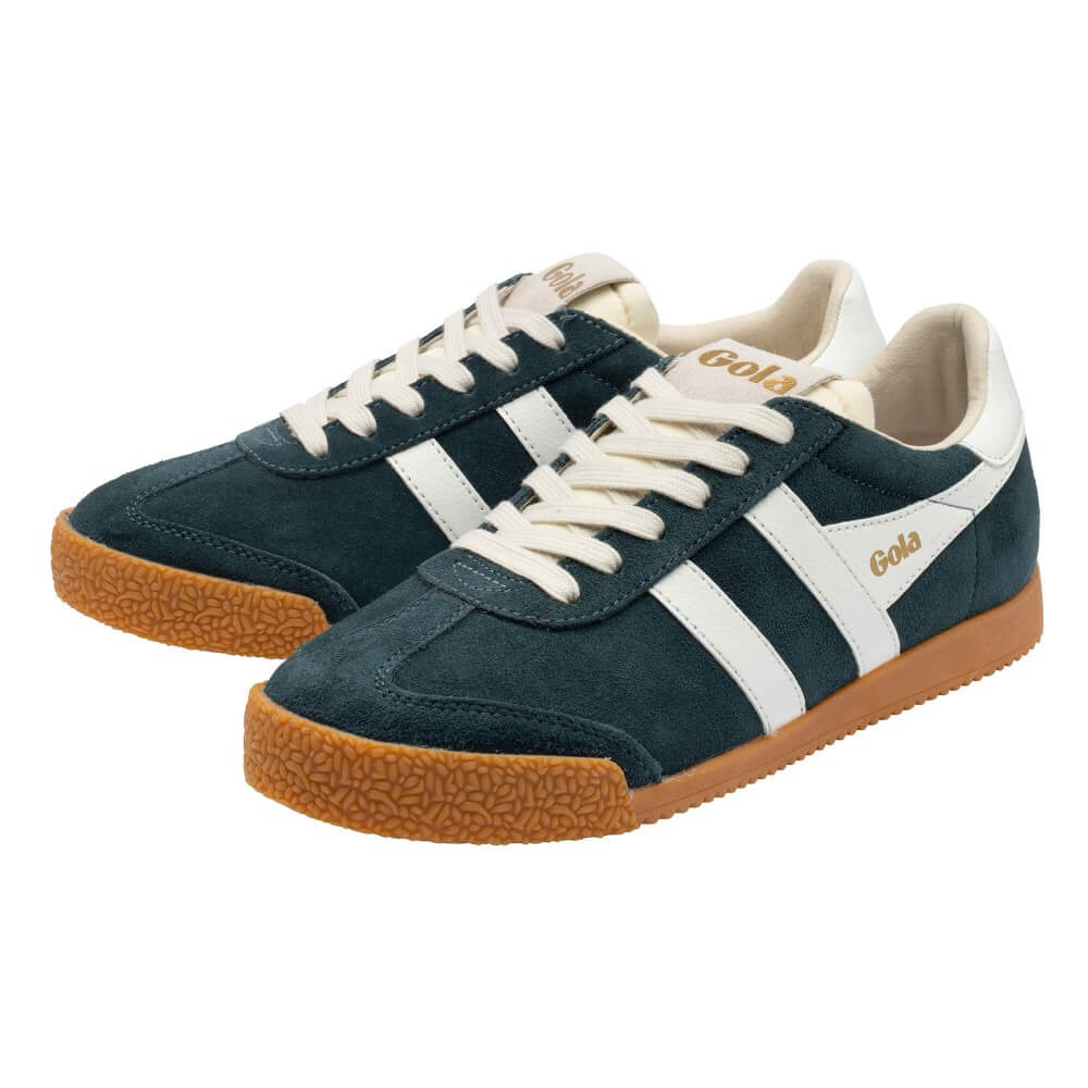 A Pair of Gola low-top sneaker in Teal suede with white side stripes, cream laces and collar, and a brown gum sole. The brand name 'Gola' is printed in gold on the side, tongue, and heel.