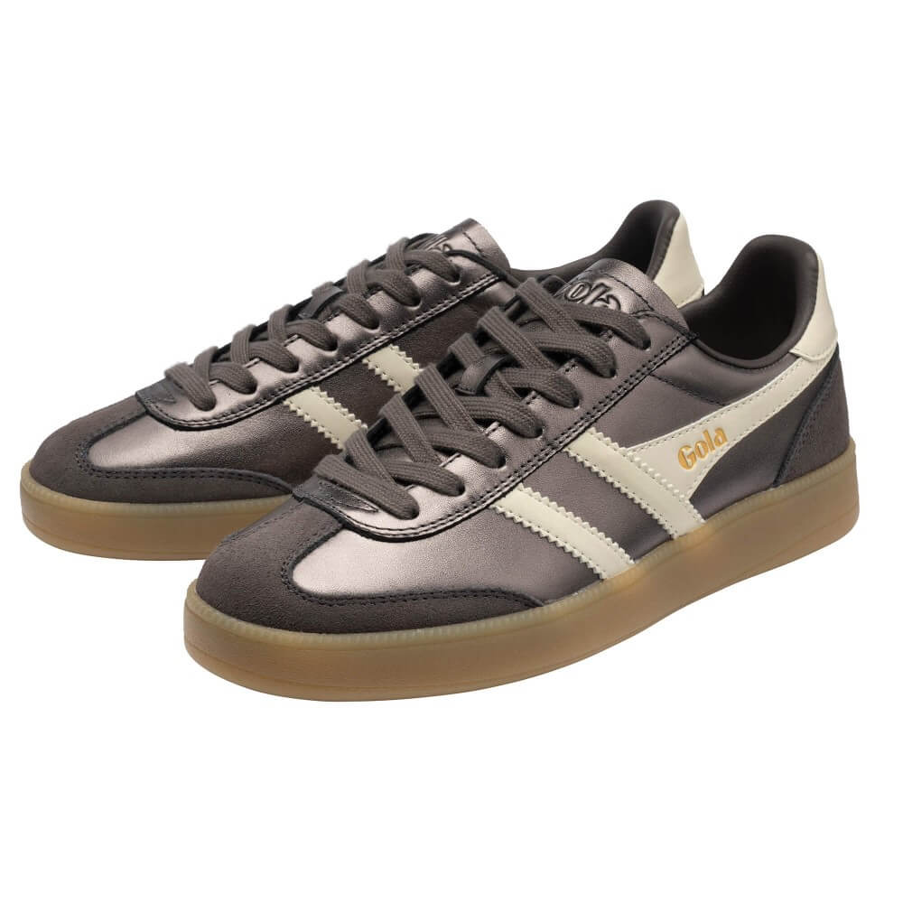Pair of Gola gray sneakers with white stripes on a white background