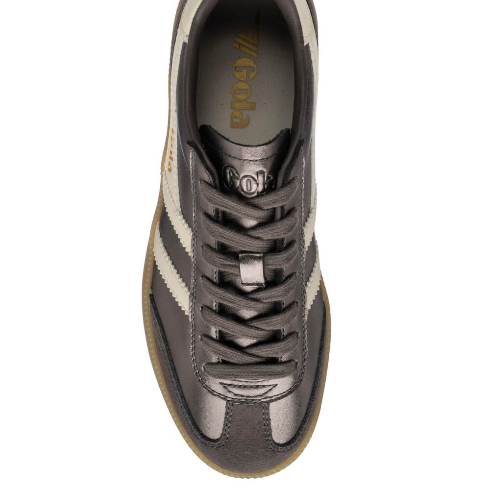 Gray Gola sneaker with white stripes on a white background