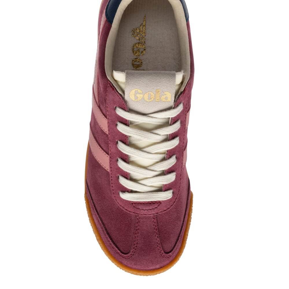 A single Gola brand low-top sneaker shown from a top-down view against a white background. The shoe features a dusty rose suede upper with light pink stripes, white laces, a cream collar, and a brown gum sole.