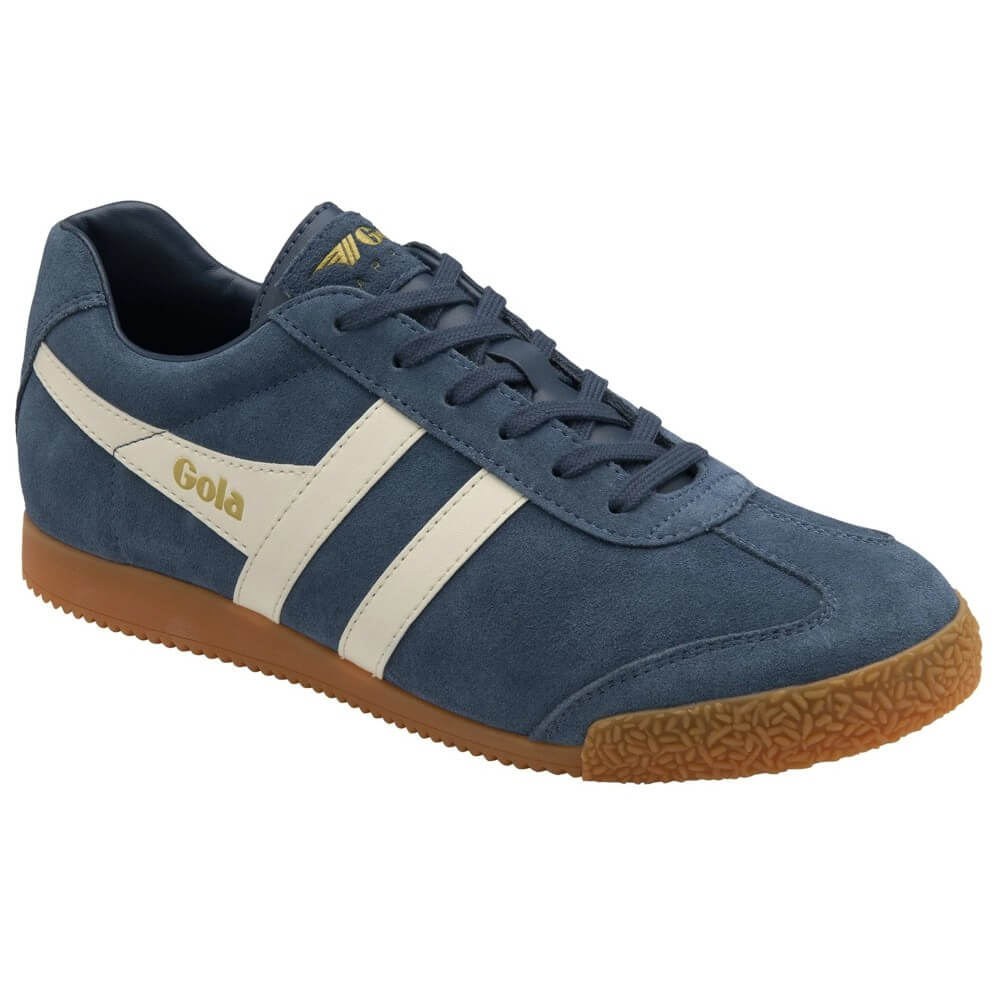 Gola Harrier Navy Blue sneaker with white stripes and brown sole on a white background