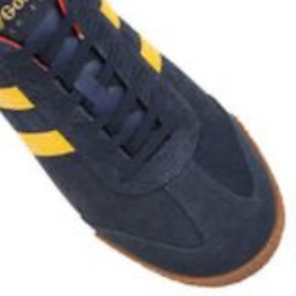 Gola Harrier Blue sneaker with yellow stripes and red interior on a white background