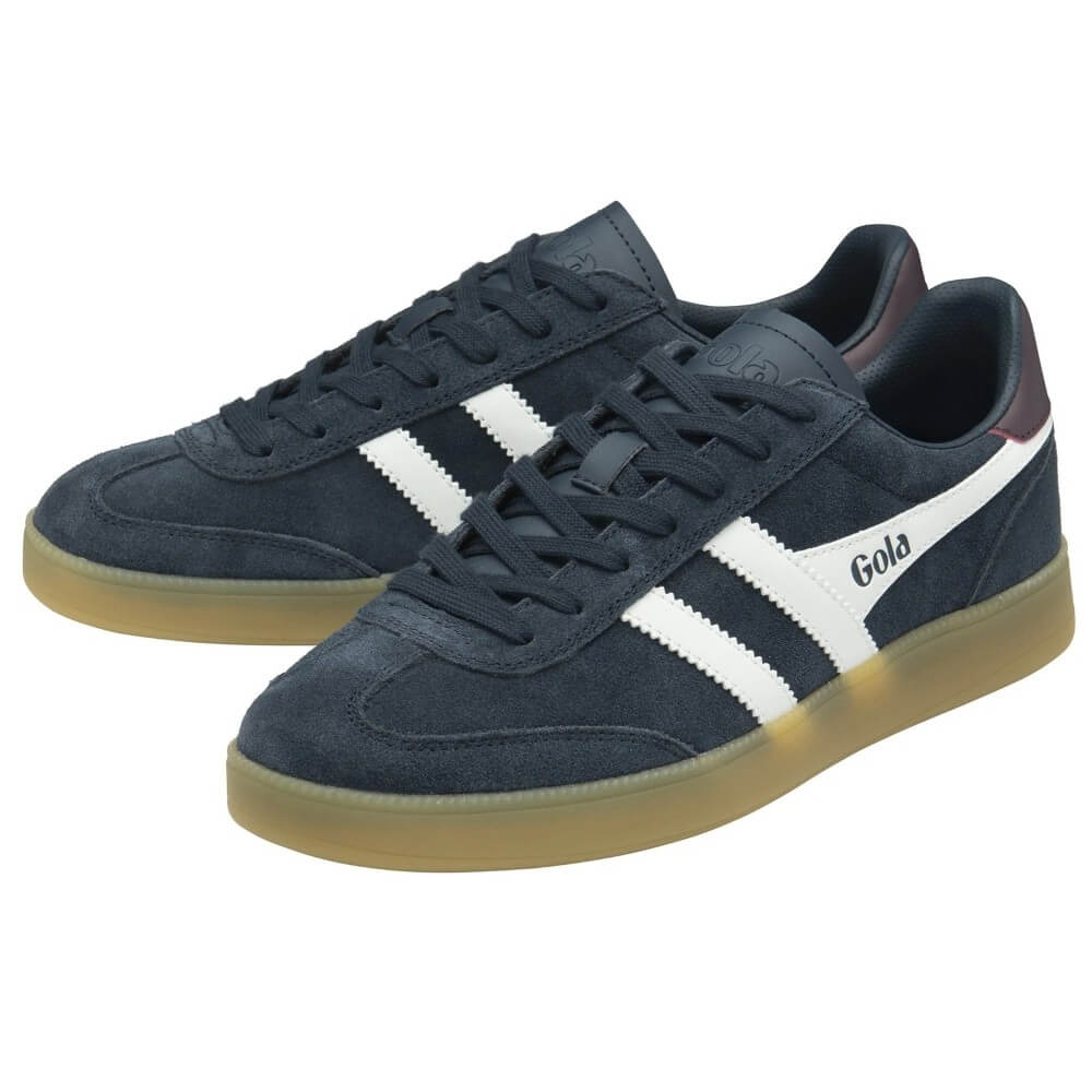 Gola Viper Navy blue sneakers with white stripes and brown soles on a white background