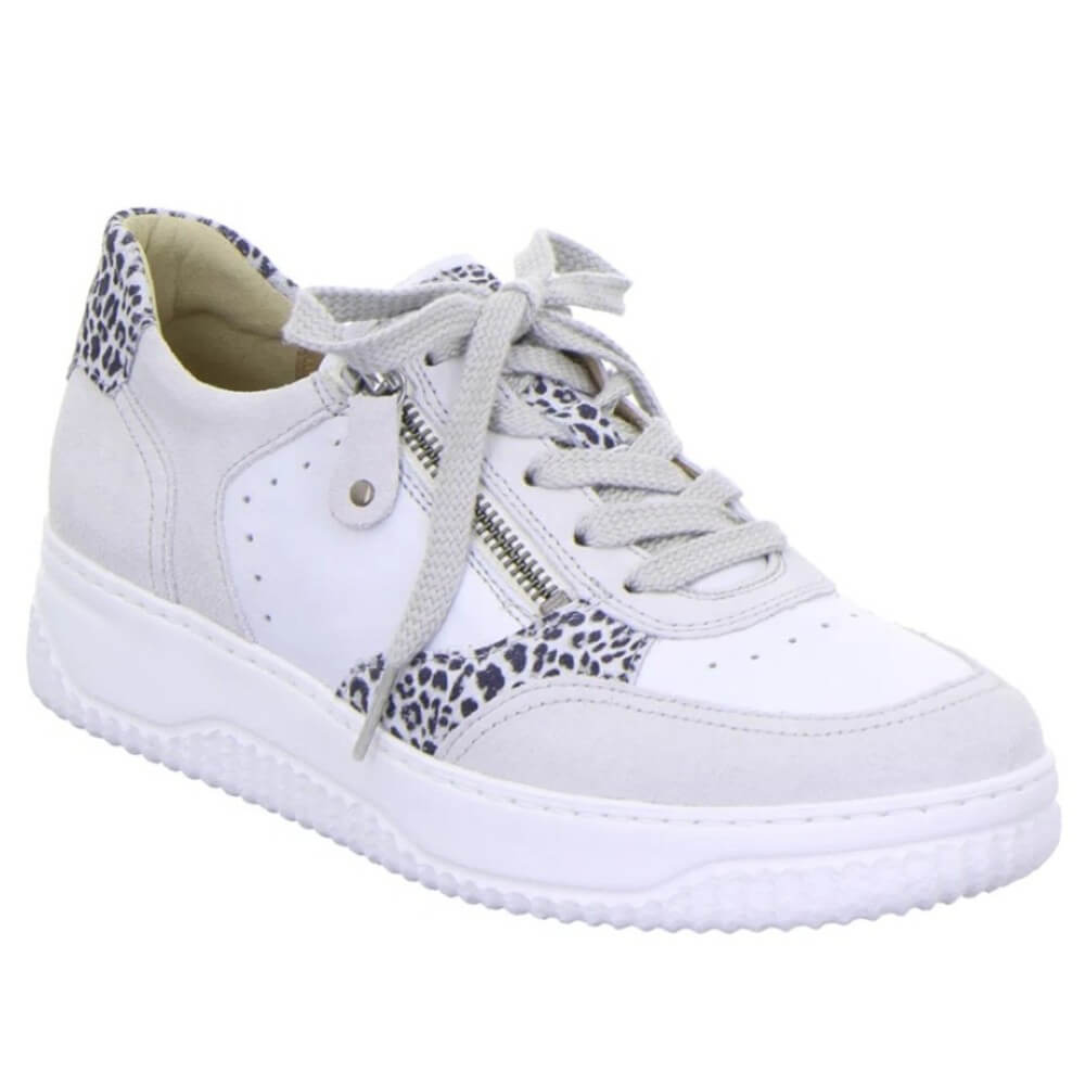 Hartjes silver sneaker with leopard print accents on a white background
