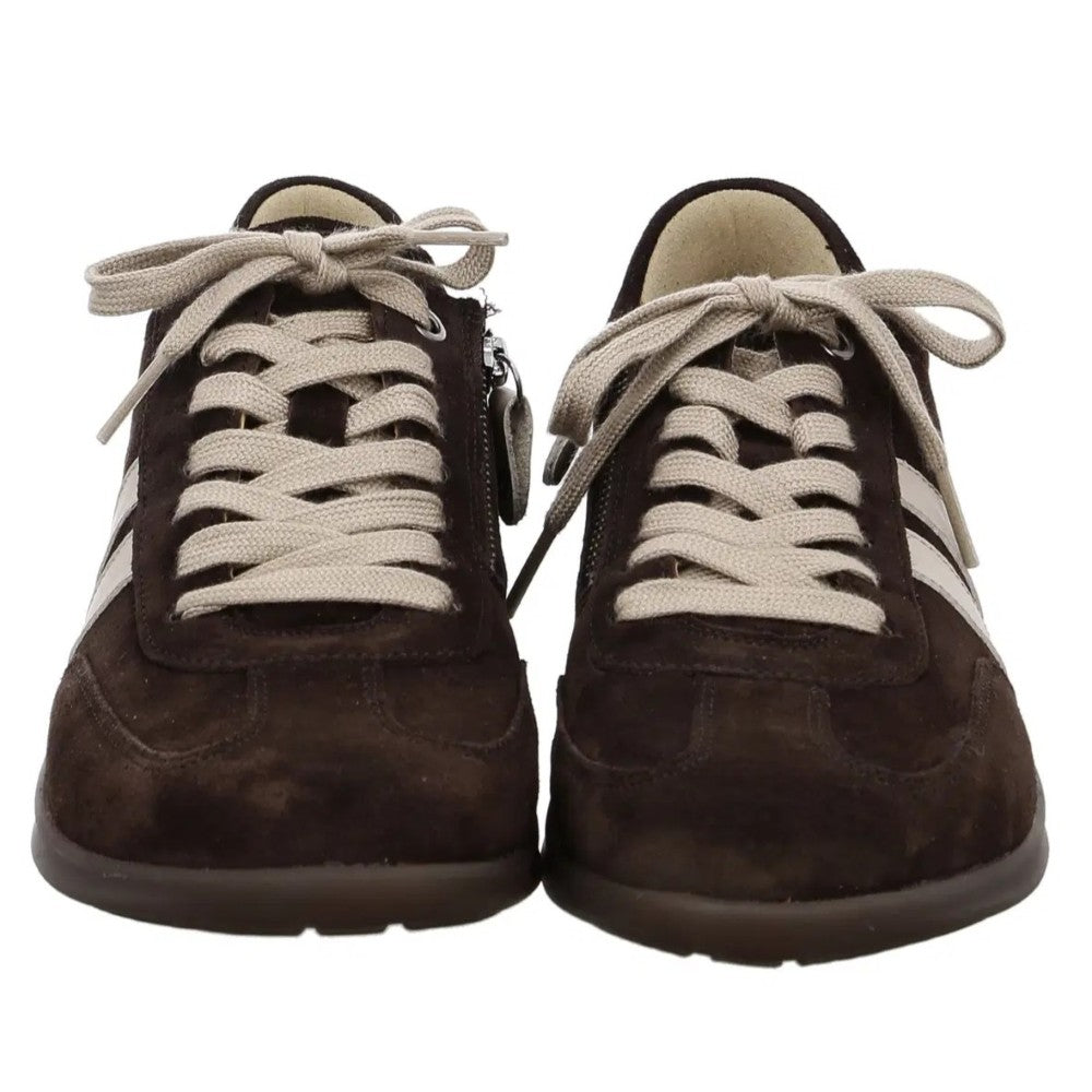 A pair of dark brown suede sneakers with light beige laces and side stripes, shown from the front against a white background.