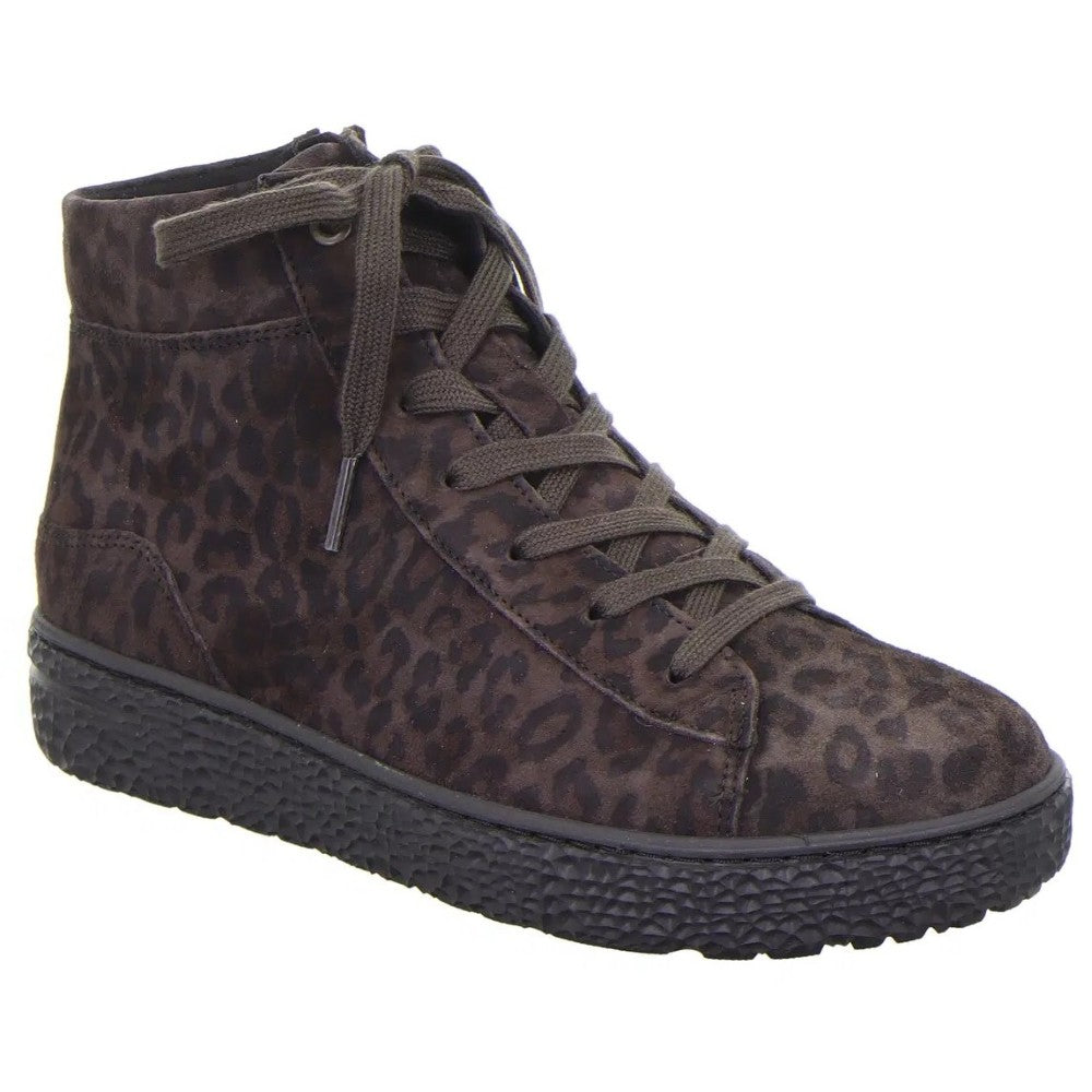 A Hartjes high-top sneaker boot featuring a dark brown and black leopard print pattern on a suede finish, with matching brown laces and a thick black textured sole.