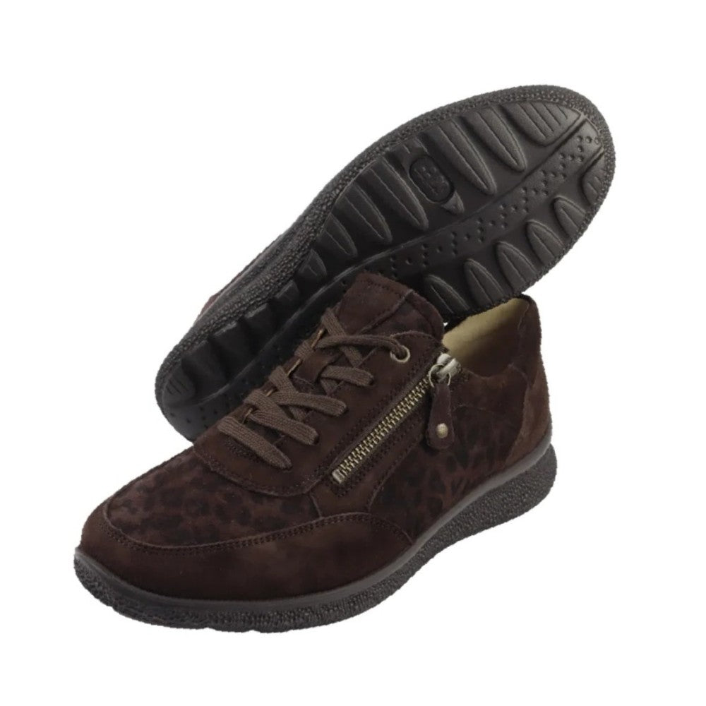 A pair of women's low-top lace-up shoes in dark brown suede with a subtle leopard print pattern, featuring a side zipper and a black sole. One shoe is shown from the side profile while the other is positioned behind it to display the textured black outsole.