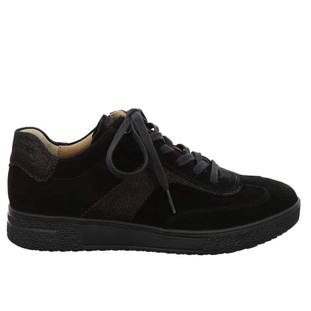 A Hartjes black low-top sneaker with a mix of suede and textured mesh panels, black laces, and a thick black sole, shown from a side profile on a white background.