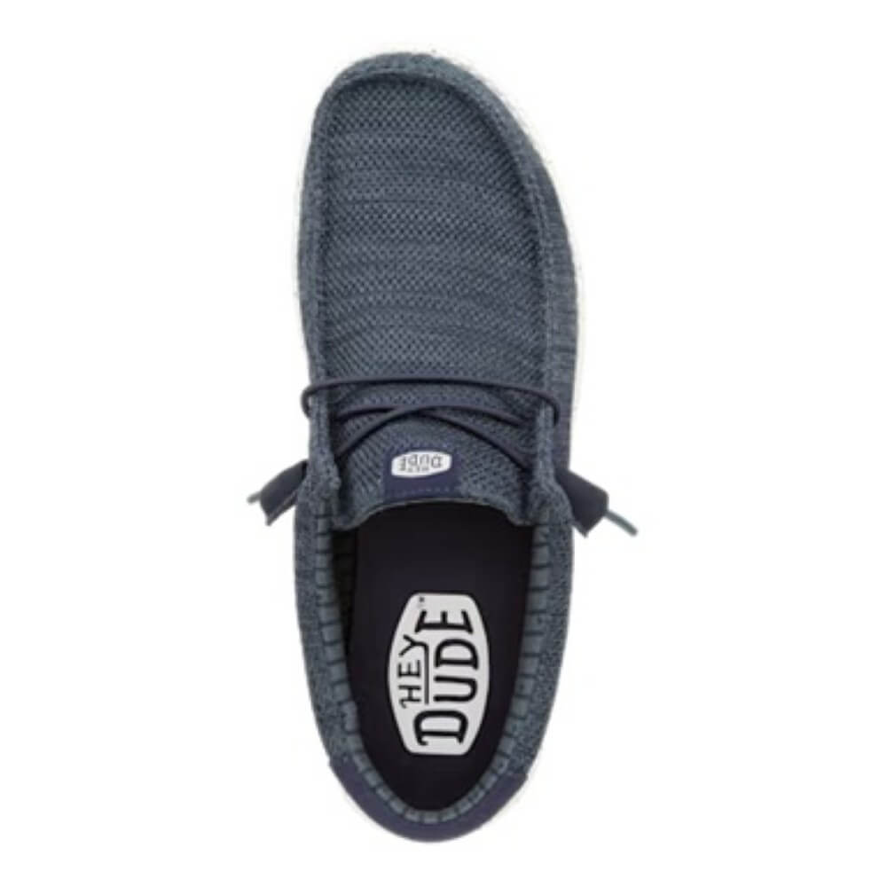 Blue casual shoe with 'Hey Dude' branding on a white background