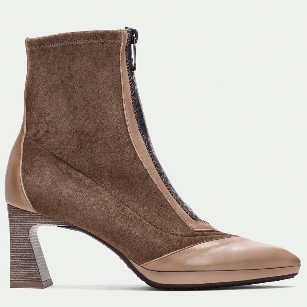 Brown suede ankle boot with a high heel on a light gray background Hispanitas Atlanta Centre Zip HI254186 Taupe ankle boots