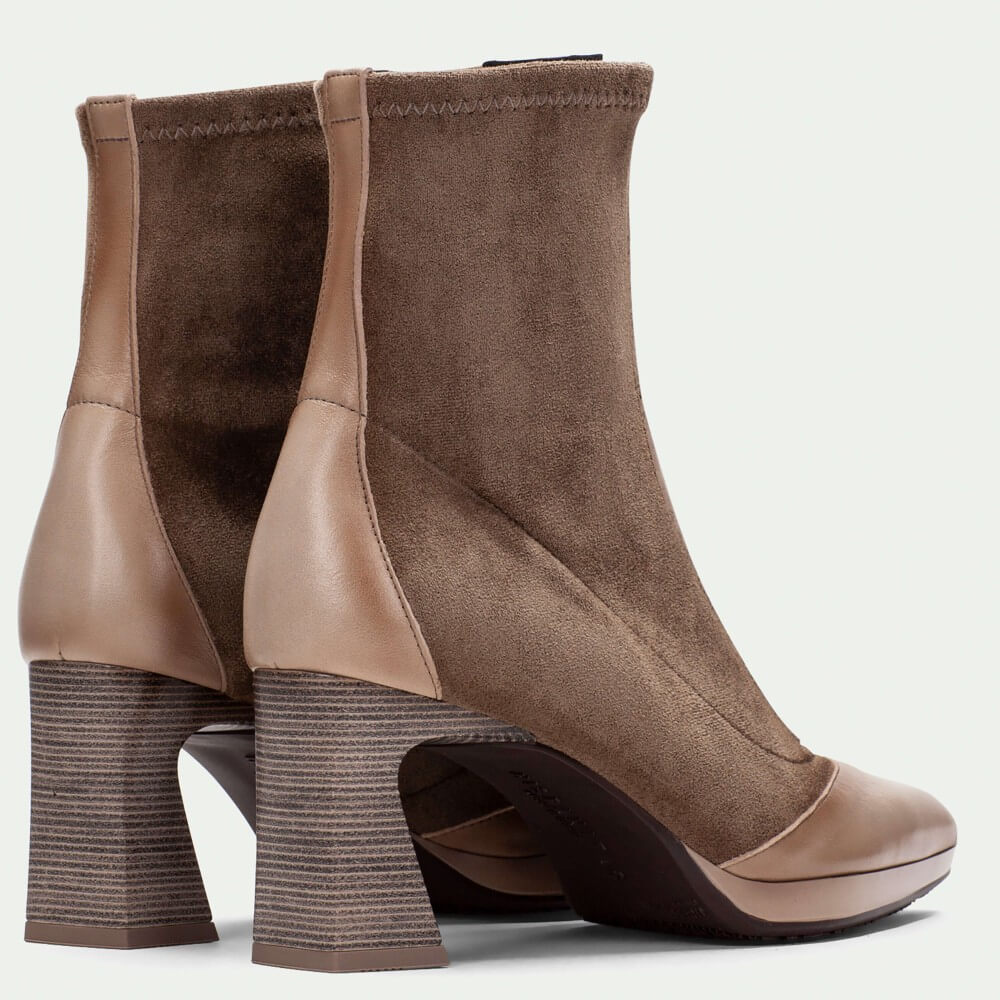 Brown suede ankle boot with a high heel on a light gray background Hispanitas Atlanta Centre Zip HI254186 Taupe ankle boots