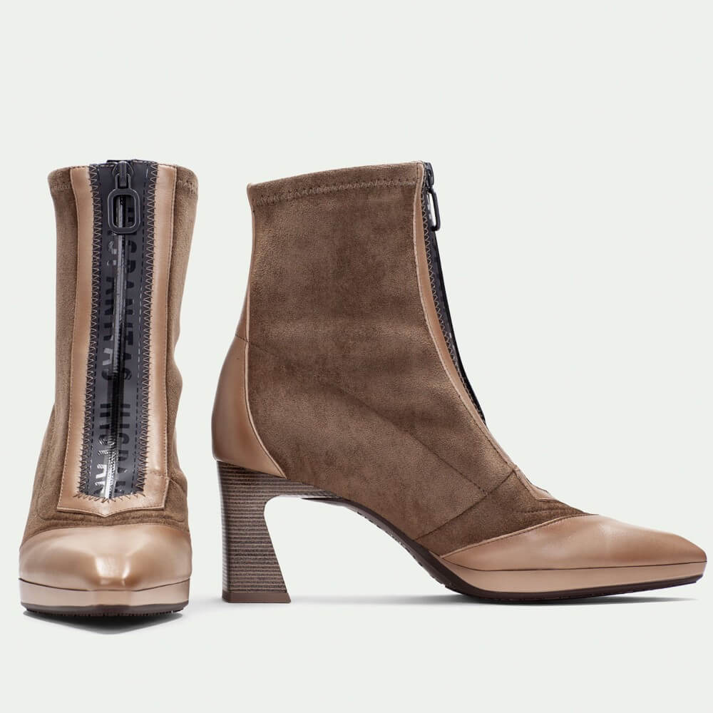 Brown suede ankle boot with a high heel on a light gray background Hispanitas Atlanta Centre Zip HI254186 Taupe ankle boots