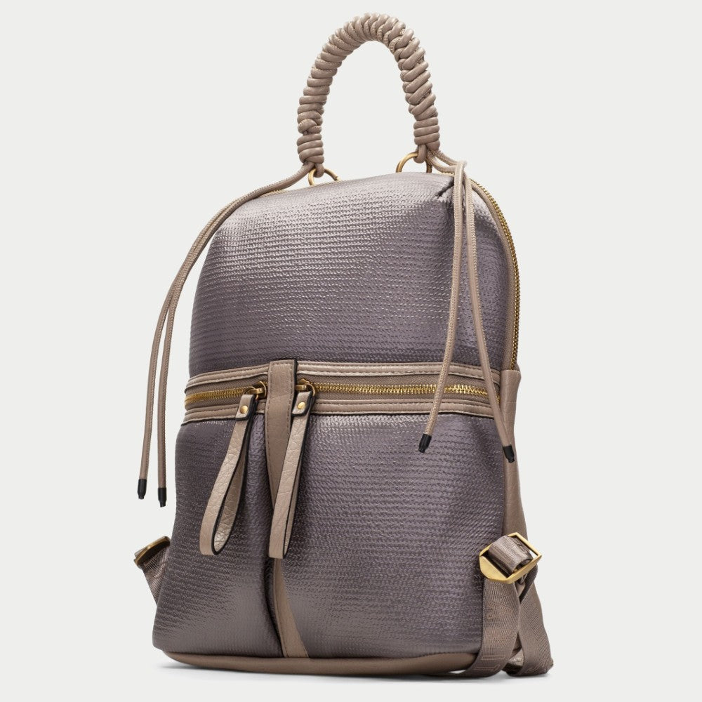 A Hispanitas textured metallic taupe backpack with a braided top handle, gold-tone zippers, and matching straps, shown against a light grey background.