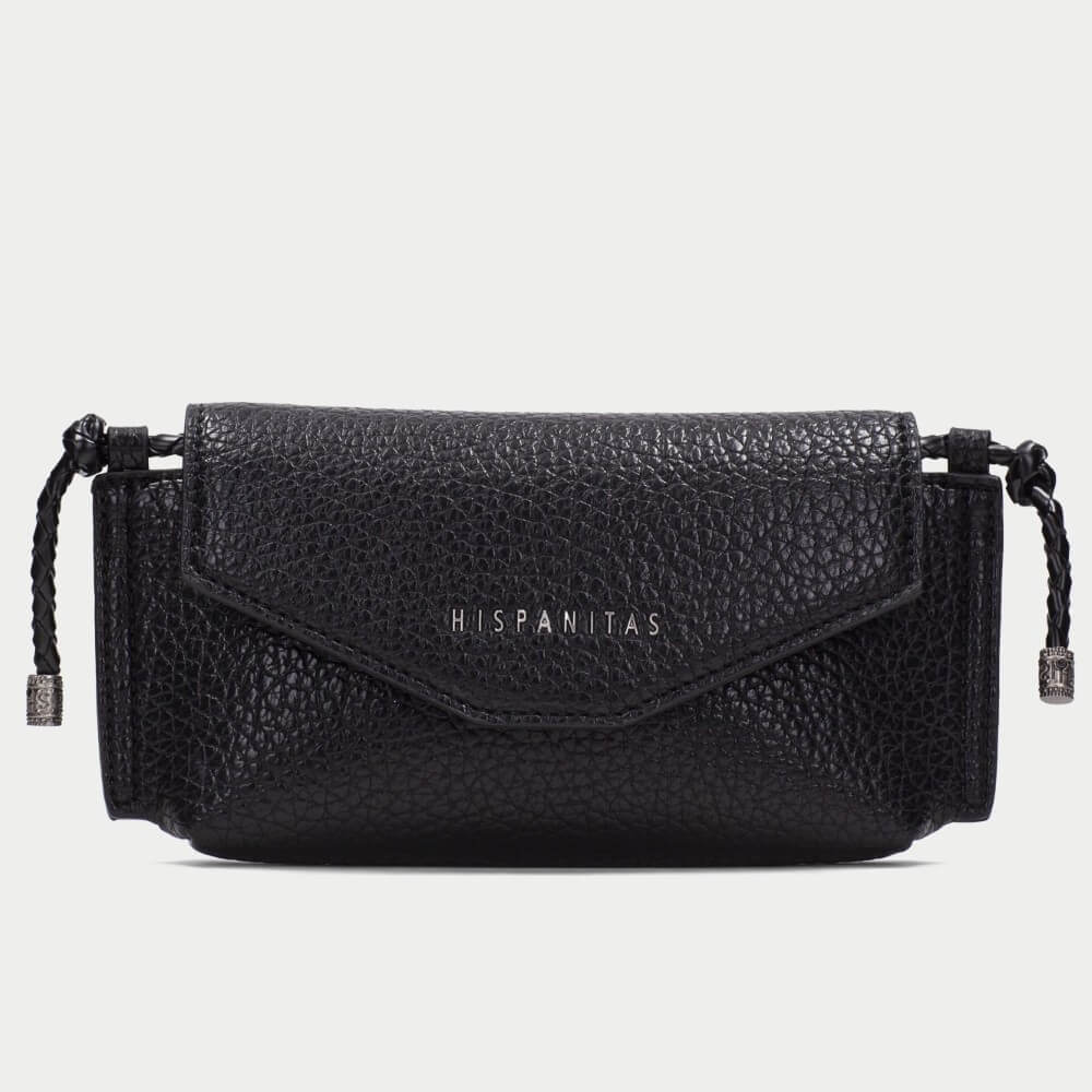 A burgundy pebbled PU leather clutch bag with a flap closure and braided strap details, featuring the brand name 'HISPANITAS' in silver lettering on the front, set against a plain light gray background.