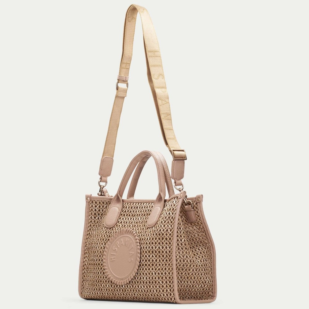 Hispanitas Beige woven handbag with a visible brand logo on a light grey background