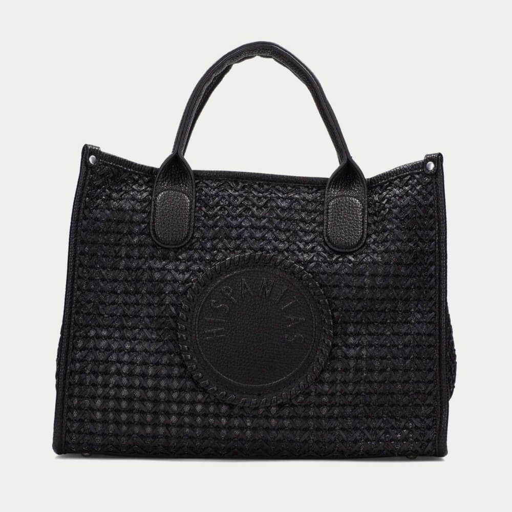 Hispanitas Black woven handbag with a circular logo on a light grey background