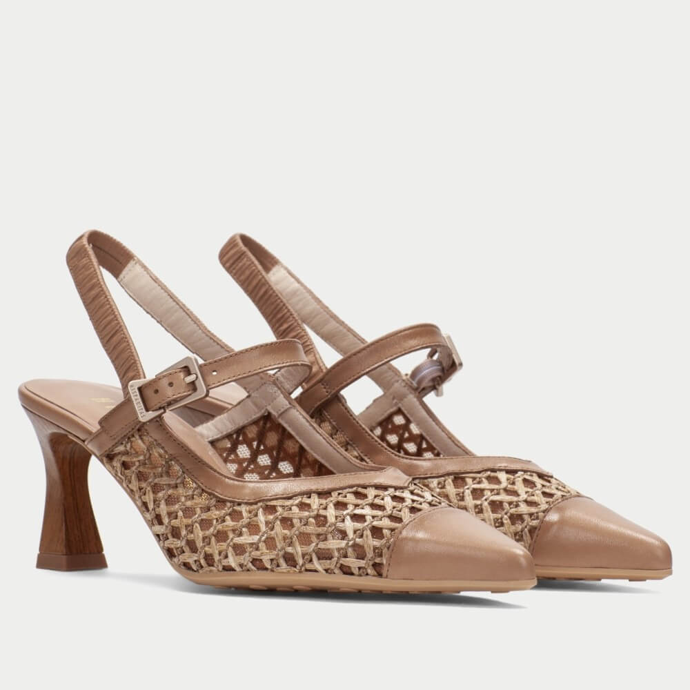 Hispanitas Brown high-heeled shoes with raffia mesh design