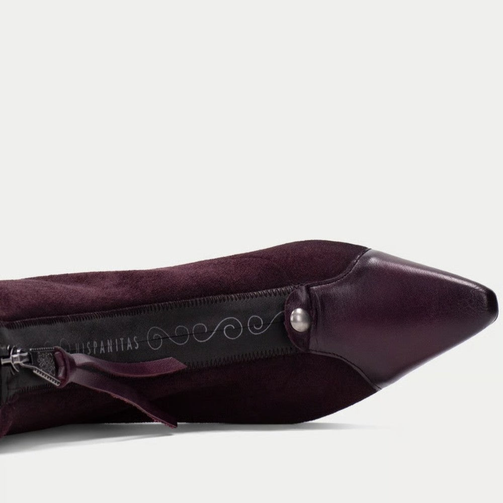 Close-up of a Hispanitas dark plum purple pointed-toe boot showing the side profile with a black zipper, silver metal pull, and the brand name 'LA ISANUITAS' printed on the side.
