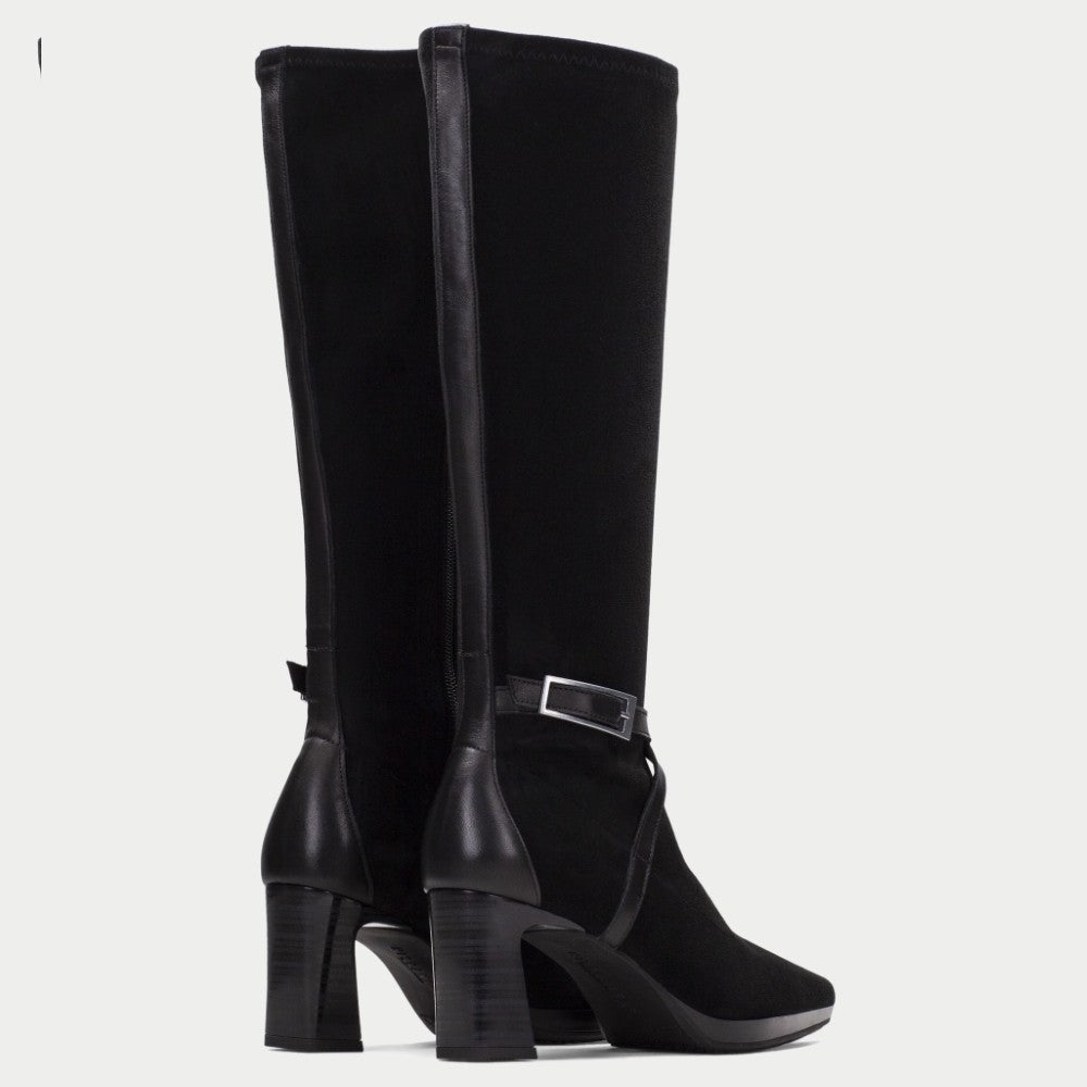 Pair of Hispanitas Black suede Knee High boots with stacked high heels on a white background