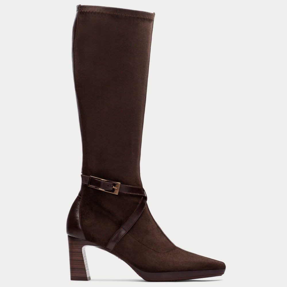 Hispanitas Brown suede Knee High boot with a stacked high heel on a white background