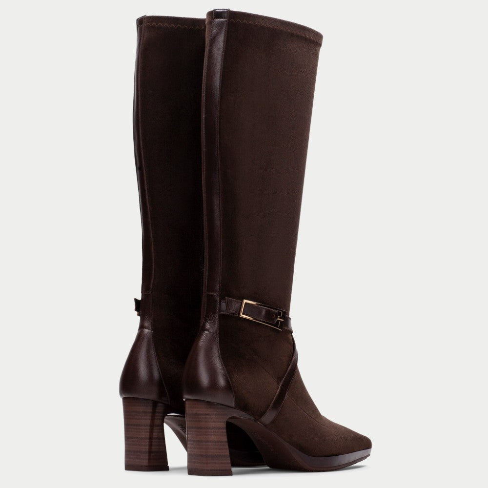 Pair of Hispanitas Brown suede Knee High boots with stacked high heels on a white background