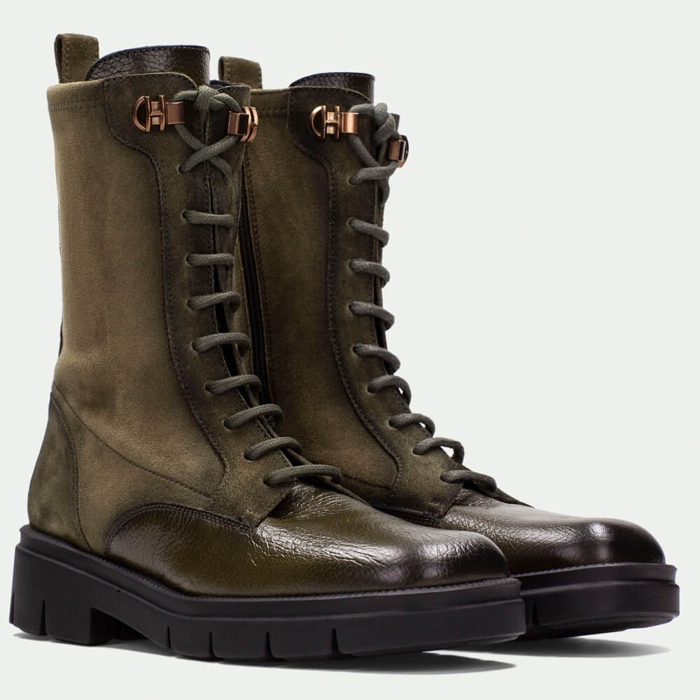 Green leather boot with a black sole. Hispanitas Hamburg HI254234 Lace-up Leather Boot Army Green