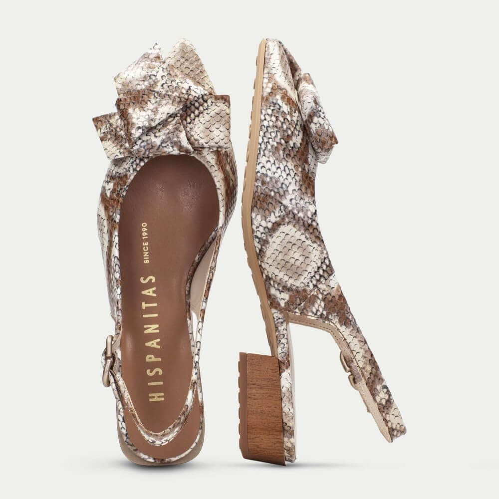Hispanitas Snake print slingback shoe with wooden heel on a white background