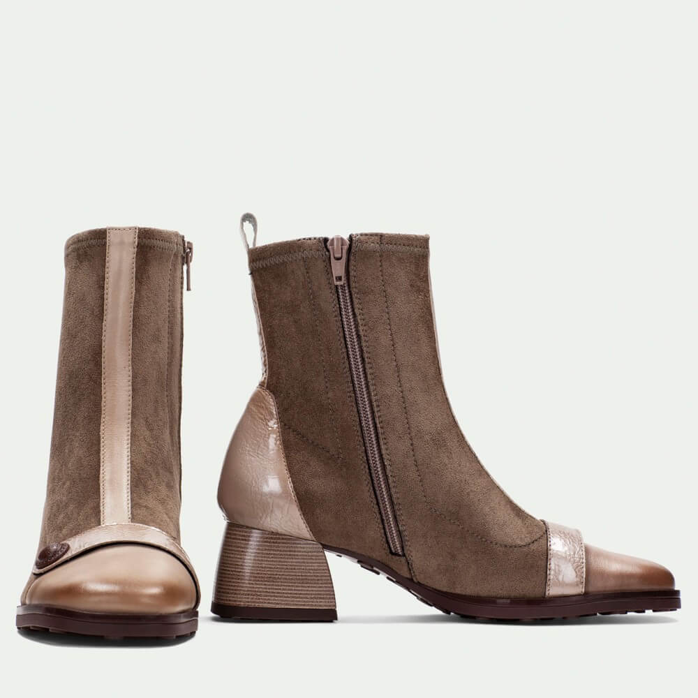 Brown ankle boots with a mix of suede and patent leather on a light gray background Hispanitas Marsell HI254219-TAUPE ankle boots