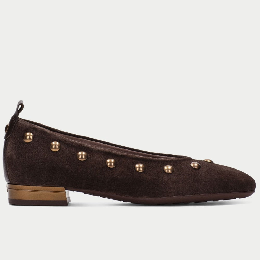 A Hispanitas dark brown suede ballet flat shoe with gold-tone metal studs along the side and a low block heel, shown in profile against a light grey background.