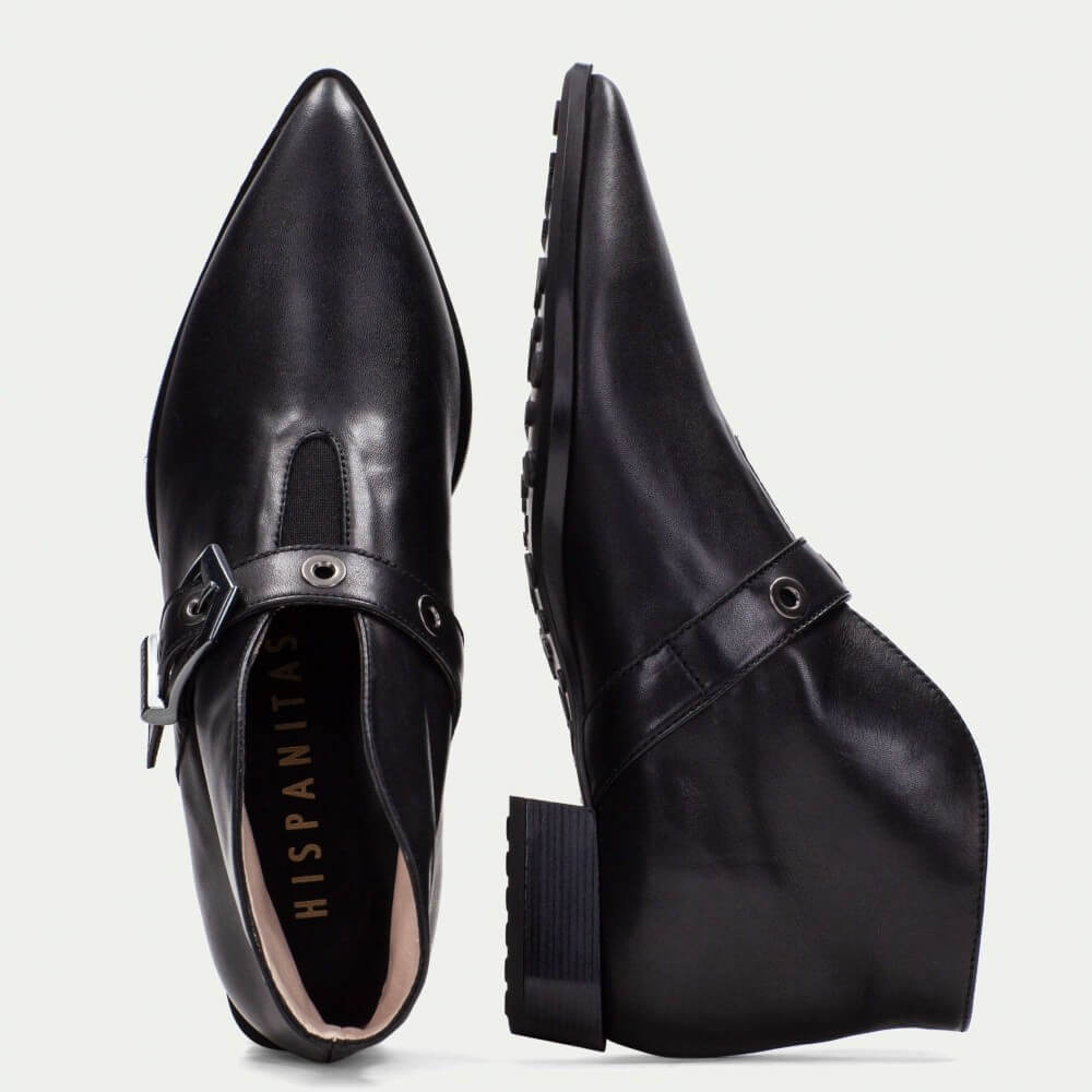 Black leather boot with a buckle on a light gray background Hispanitas Turin Leather Ankle Boot HI254360