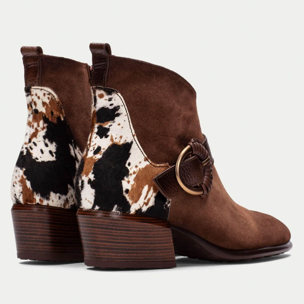 Brown suede ankle boot with cowhide patch and decorative buckle on a white background Hispanitas Verona ZPI254256 boot