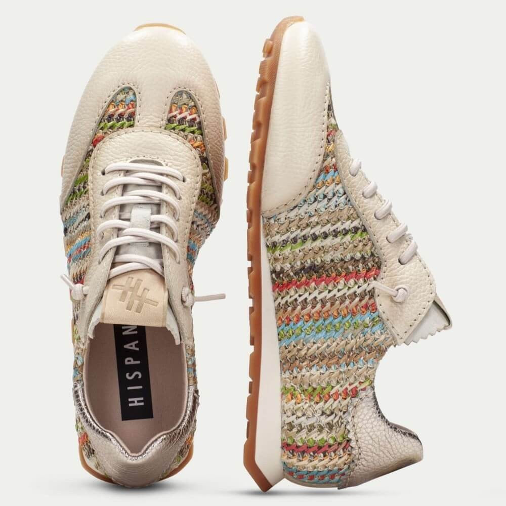 Pair of Hispanitas Multicoloured Raffia and Leather trainers with elastic laces