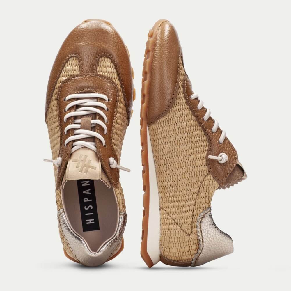 Hispanitas Zinnia RHV264596 Rafia Leather Elastic Lace Trainer Tan
