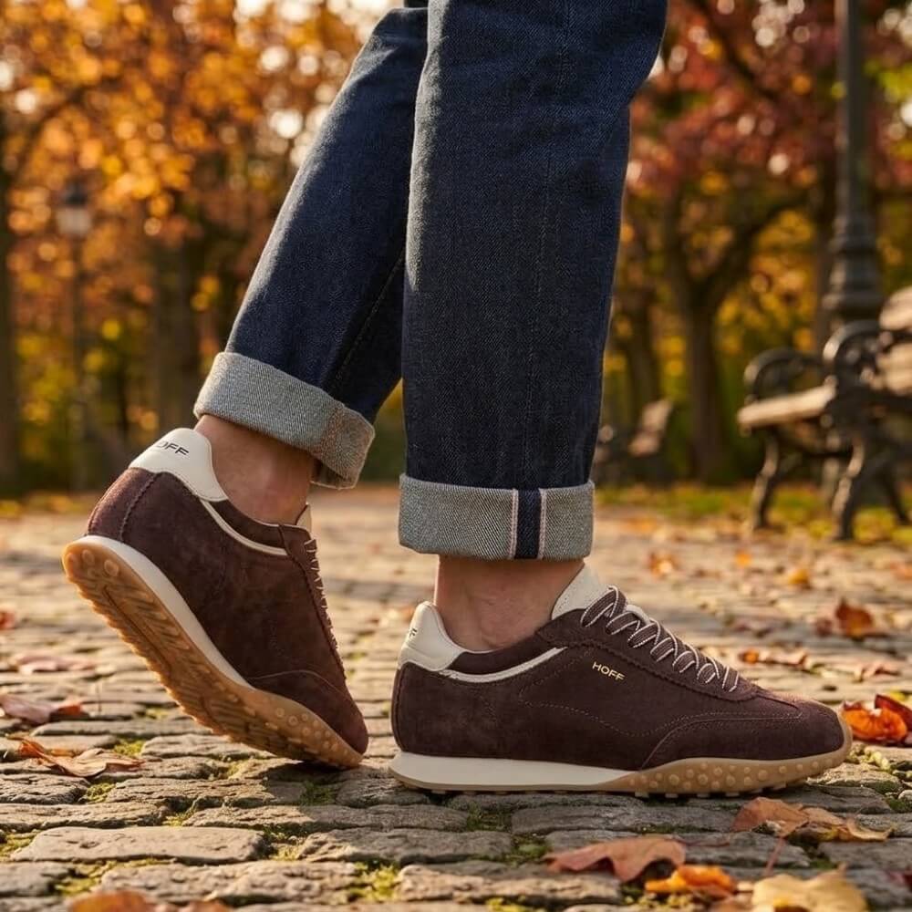 A person wearing Hoff dark brown suede sneakers with white accents and blue jeans, standing on a cobblestone path outdoors with autumn leaves and trees in the background.