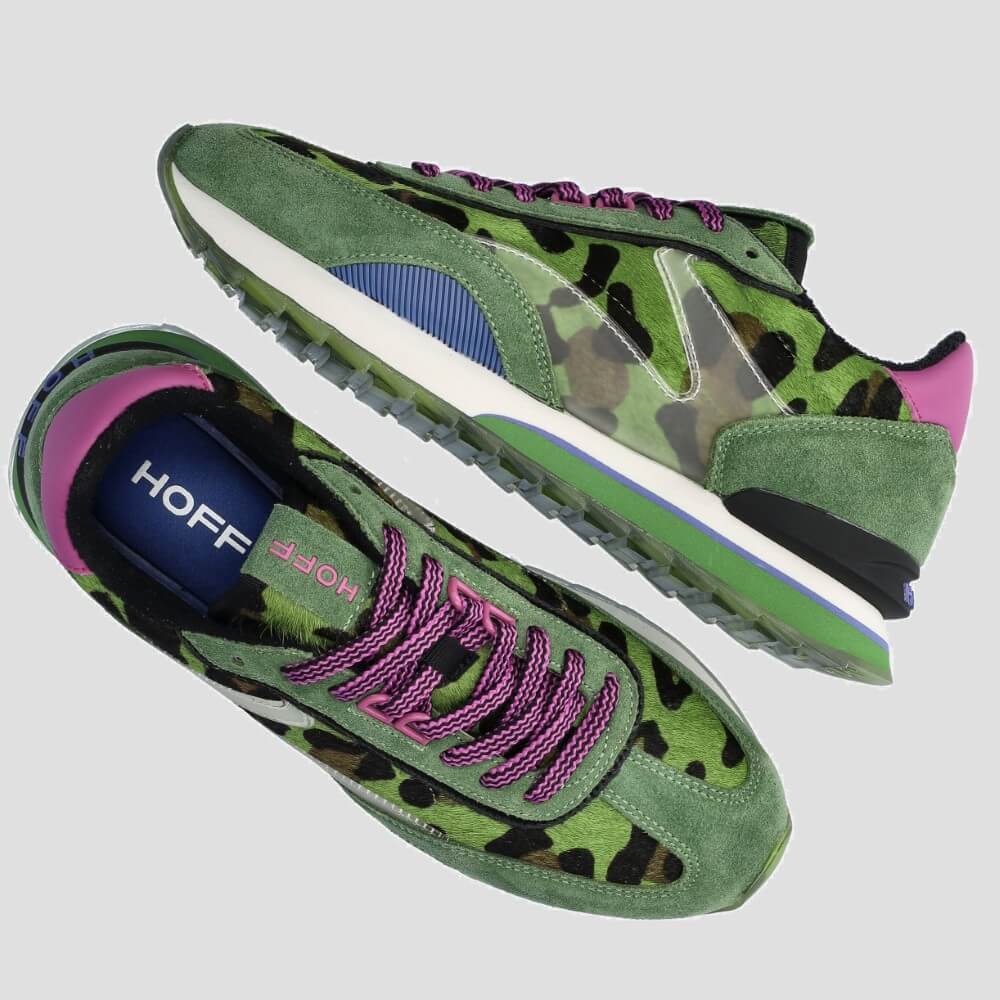 Green sneaker with leopard print and purple laces on a white background Hoff Art Sneakers in Green Animal Print