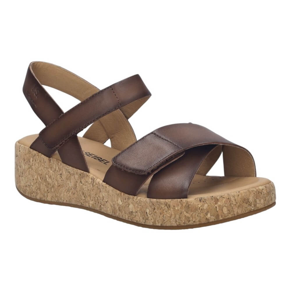 Josef Seibel Brown Leather sandal with cork sole on a white background