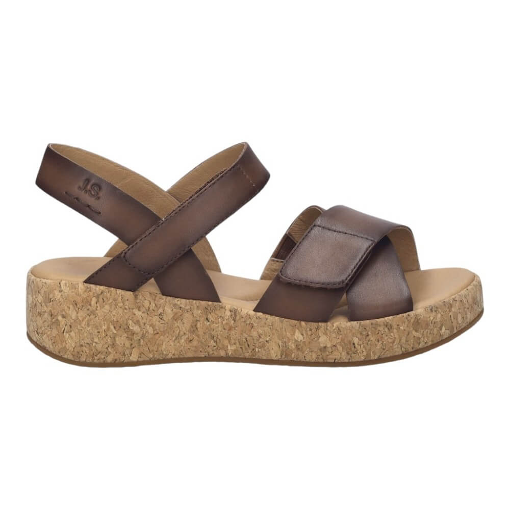 Josef Seibel Brown Leather sandal with cork sole on a white background