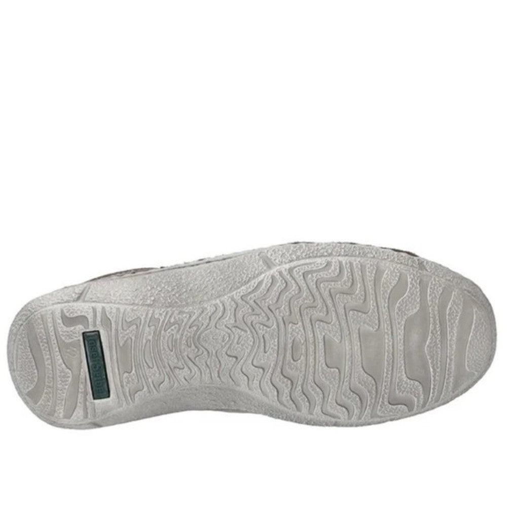 Close-up of a gray shoe sole with tread pattern on a white background