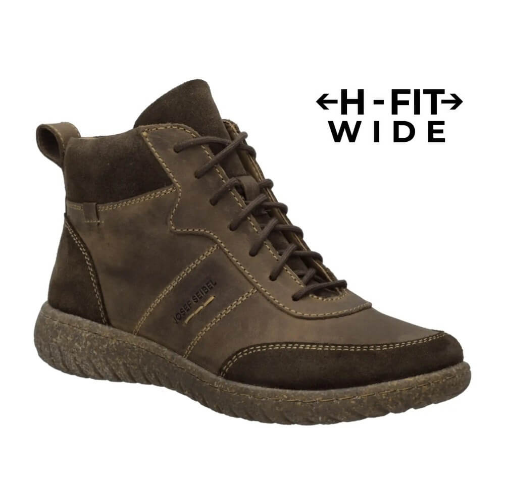 A Josef Seibel dark brown suede lace-up ankle boot with a thick textured sole, shown on a white background with the text '<H-FIT> WIDE' in the top right.