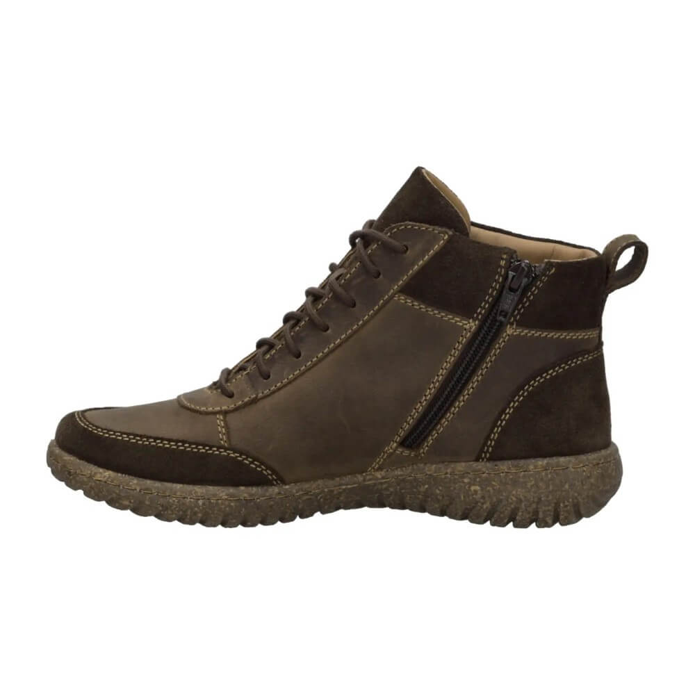 A Josef Seibel dark brown suede lace-up ankle boot with a side Zip and a thick textured sole, shown on a white background