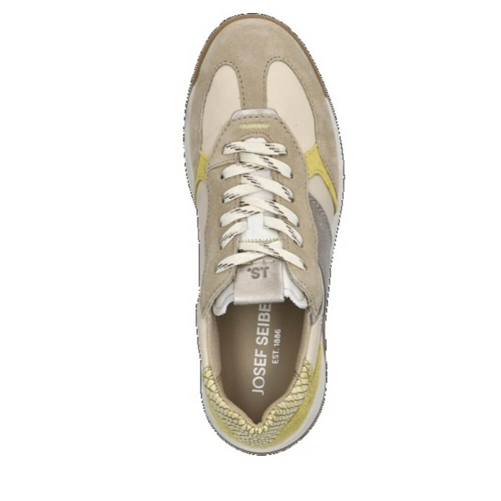 Josef Seibel Beige and brown sneaker with yellow accents on a white background
