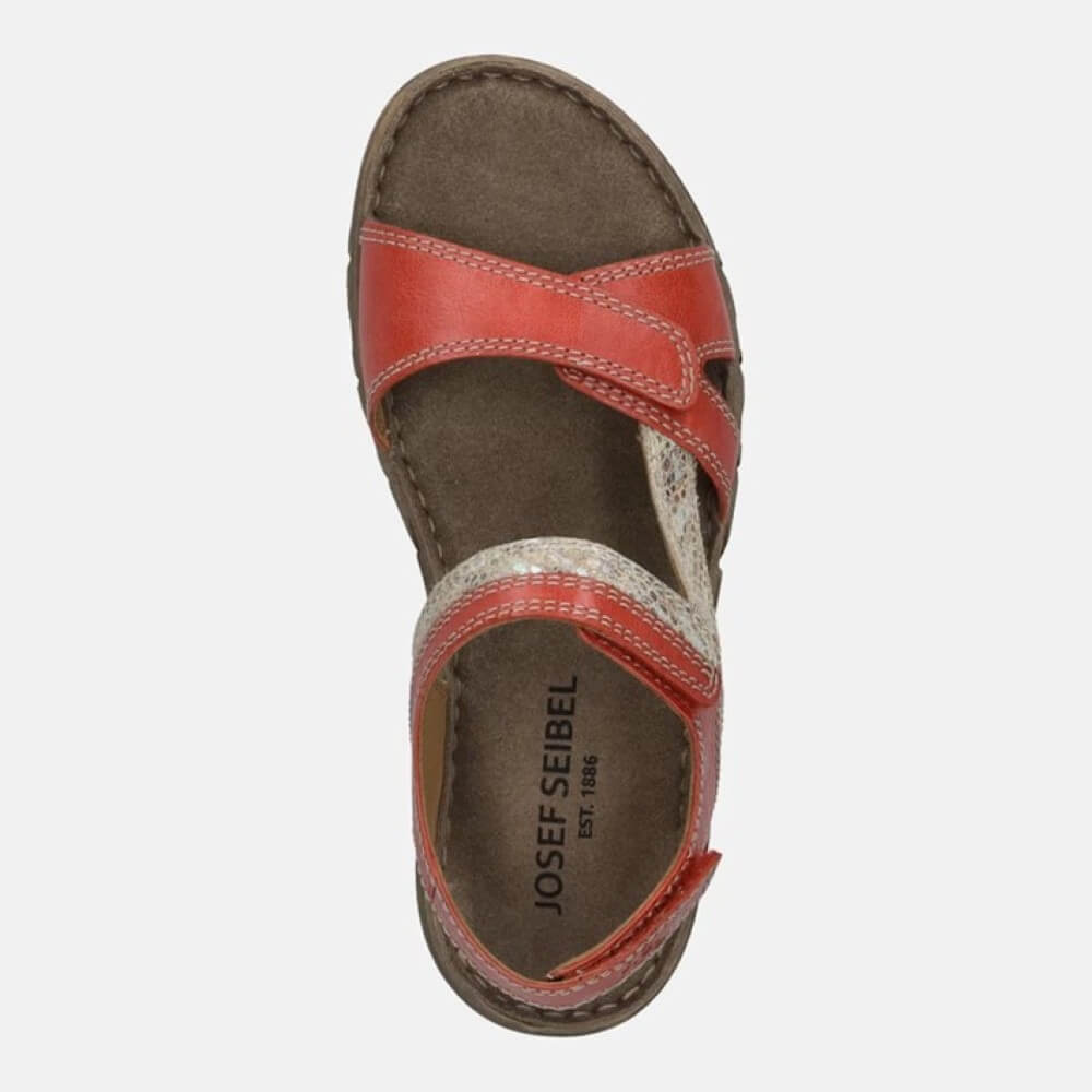 Josef Seibel Red sandal with a brown sole on a white background