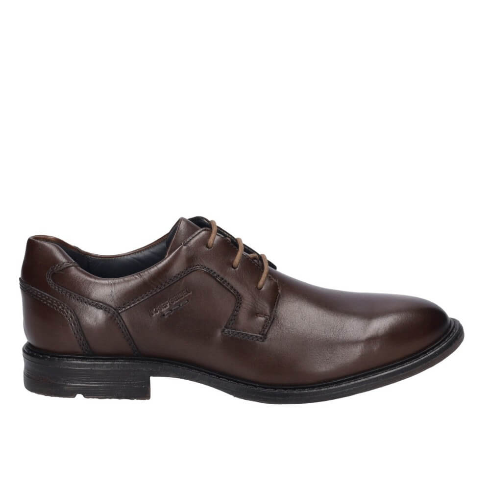 A Josef Seibel dark brown leather lace-up dress shoe shown in a side profile view against a plain white background.