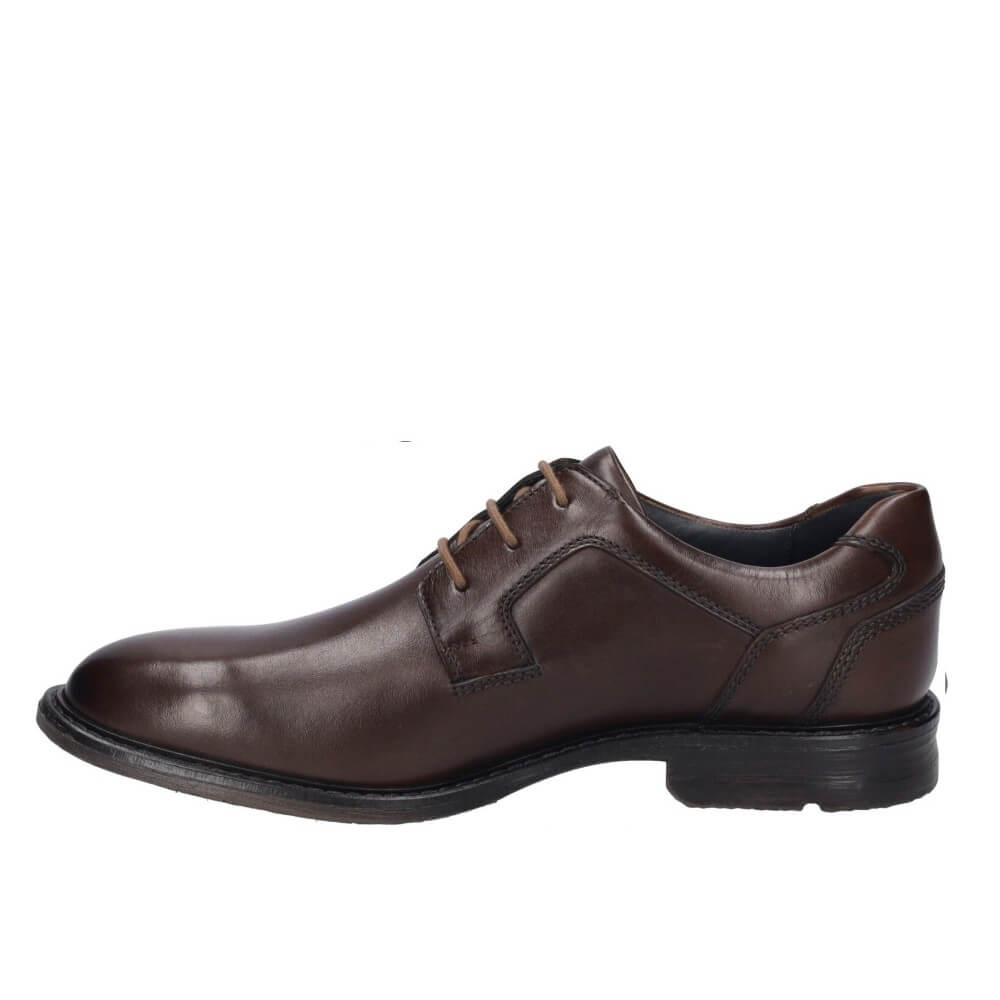 A Josef Seibel dark brown leather lace-up dress shoe shown in a side profile view against a plain white background.