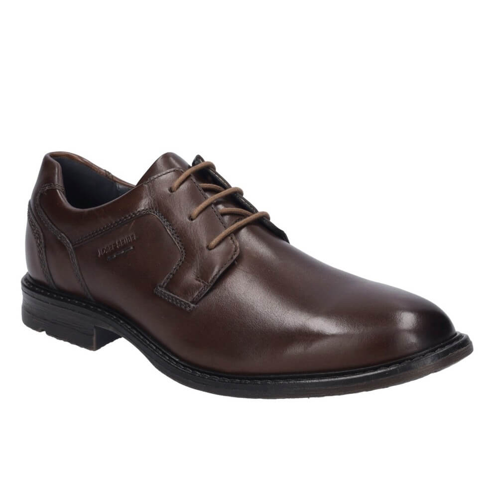 A Josef Seibel dark brown leather lace-up dress shoe shown in a side profile view against a plain white background.