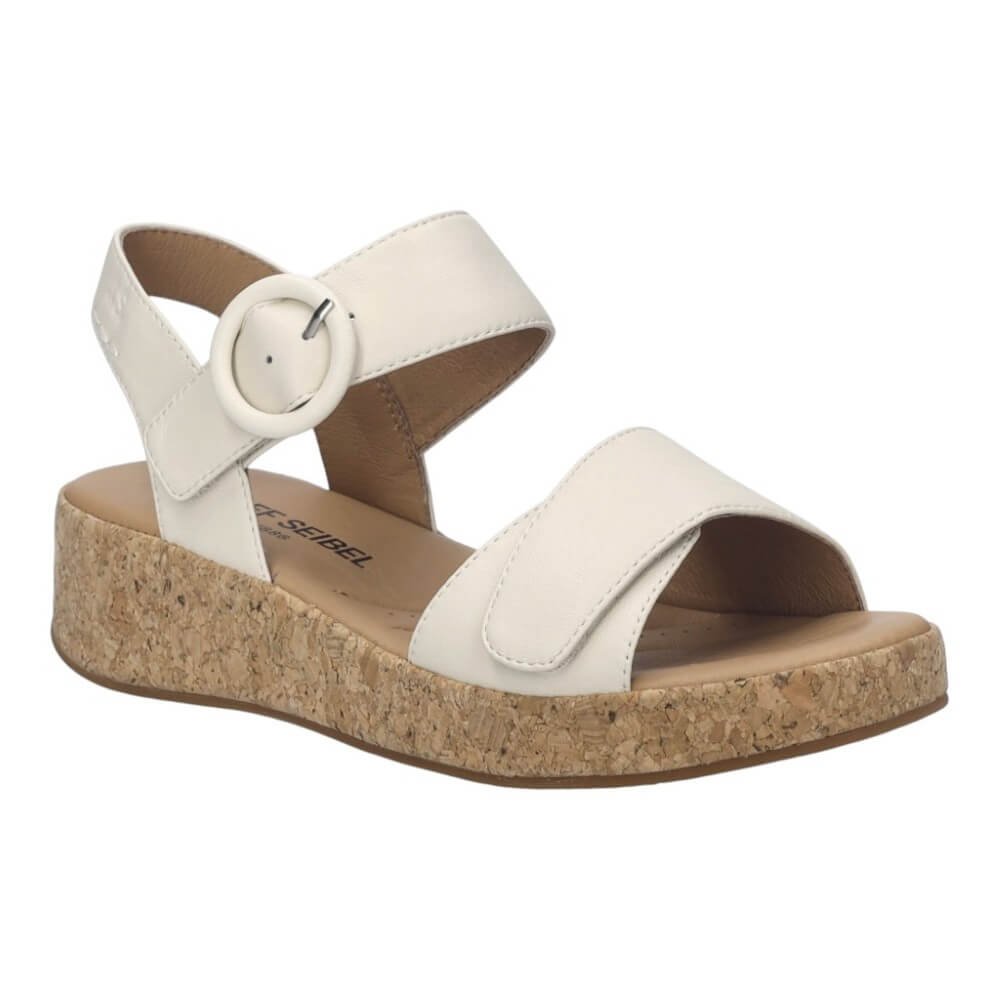 Josef Seibel cream leather sandal with cork sole on a white background