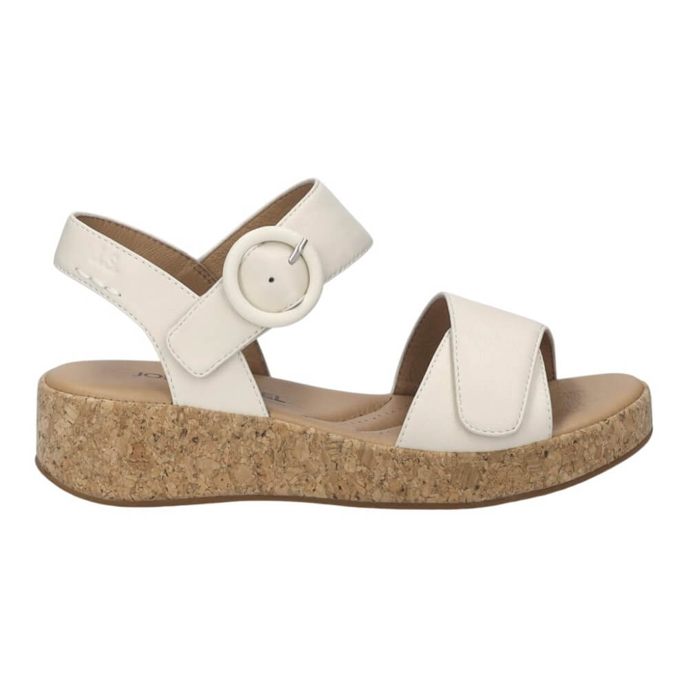 Josef Seibel cream leather sandal with cork sole on a white background