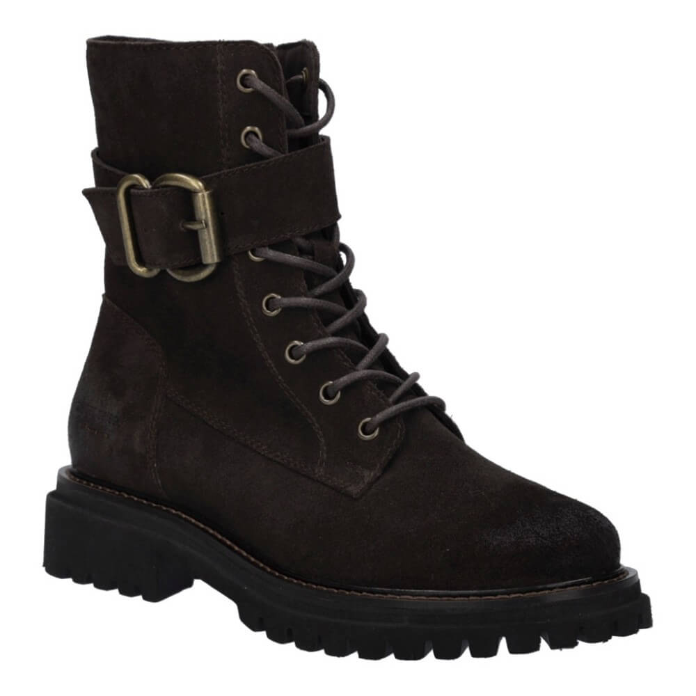 Josef Seibel Dark brown suede boot with a buckle on a white background