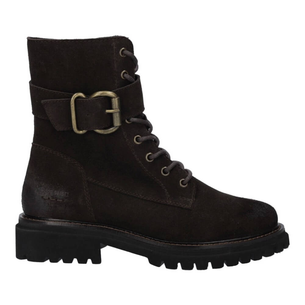 Josef Seibel Dark brown suede boot with a buckle on a white background