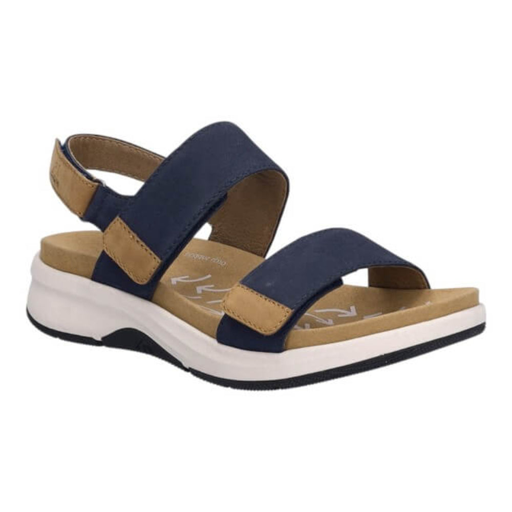 Josef Seibel Navy and brown sandal with white sole on a white background